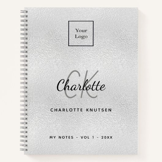 Zilveren monogram moderne bedrijfslogo notitieboek (Voorkant)