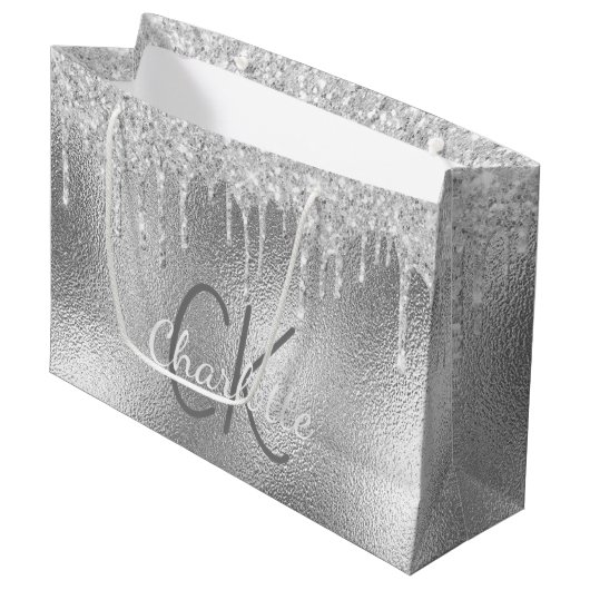 Zilveren monogram naam modern elegant groot cadeauzakje (Voorkant Gekanteld)