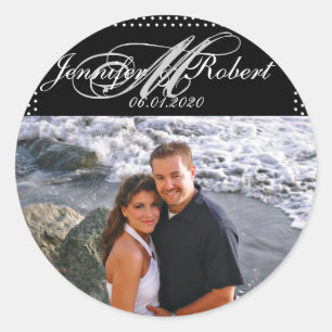 Zilveren Monogram op zwart met Polka Dots Bruiloft Ronde Sticker