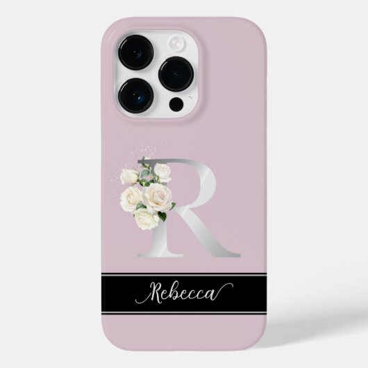 Zilveren monogram R aangepaste naam witte rozen ro Case-Mate iPhone Case (Achterkant)