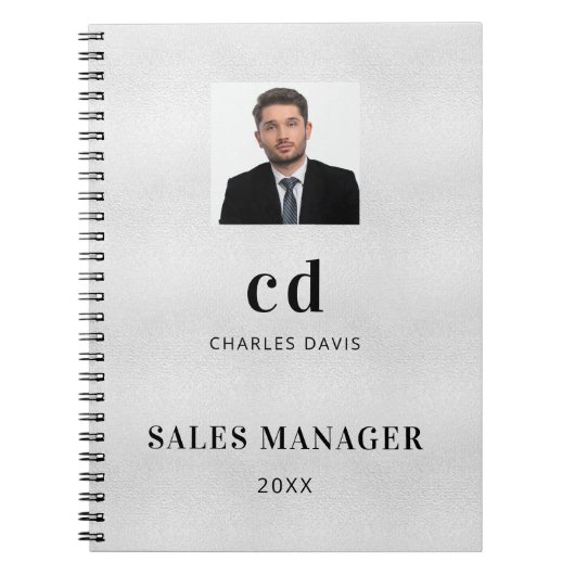 Zilveren naam initials foto bedrijf  notitieboek (Voorkant)