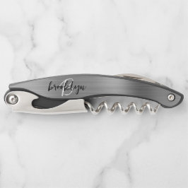Zilveren namaak geborsteld metalen monogram schrif kurkentrekker