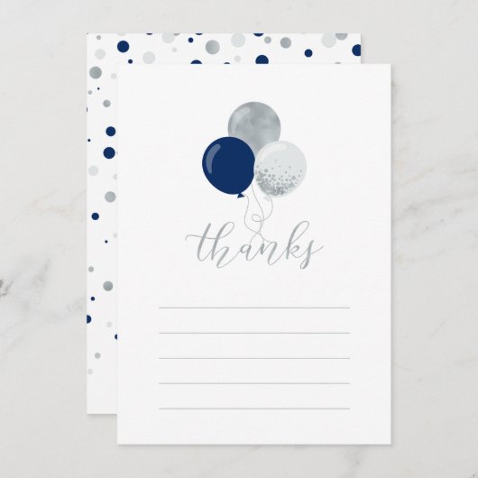 Zilveren & Navy ballonnen | Partij Dank u Nota Kaa Bedankkaart (Voorkant / Achterkant)