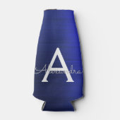 Zilveren Navy Blauwe Glitter Geborsteld Metaal Mon Flesjeskoeler (Voorkant)