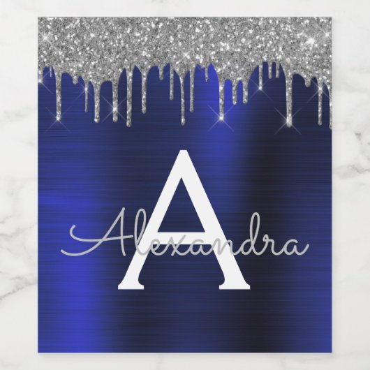 Zilveren Navy Blauwe Glitter Geborsteld Metaal Mon Wijn Etiket (Enkel label)