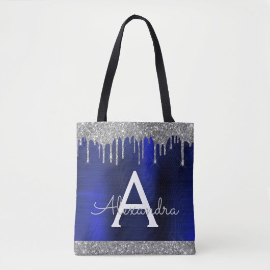 Zilveren Navy Blauwe Glitter Glans Elegante Monogr Tote Bag (Voorkant)