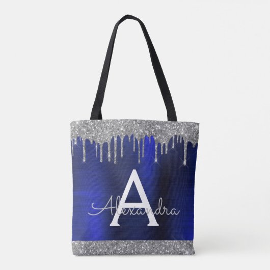 Zilveren Navy Blauwe Glitter Glans Elegante Monogr Tote Bag (Achterkant)