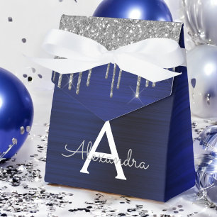 Zilveren Navy Blauwe Glitter Glans Monogram Naam Bedankdoosjes