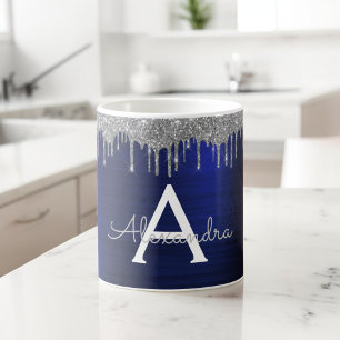 Zilveren Navy Blauwe Glitter Glans Monogram Naam Koffiemok