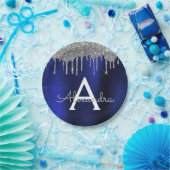 Zilveren Navy Blauwe Glitter Glans Monogram Naam Papieren Bordje (Feest)