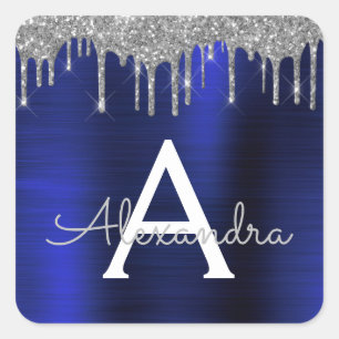 Zilveren Navy Blauwe Glitter Glans Monogram Naam Vierkante Sticker