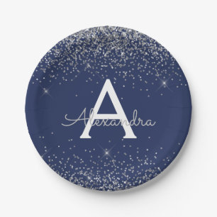 Zilveren Navy Blauwe Glitter Glans Monogram Verjaa Papieren Bordje