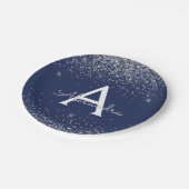 Zilveren Navy Blauwe Glitter Glans Monogram Verjaa Papieren Bordje (Gekanteld)