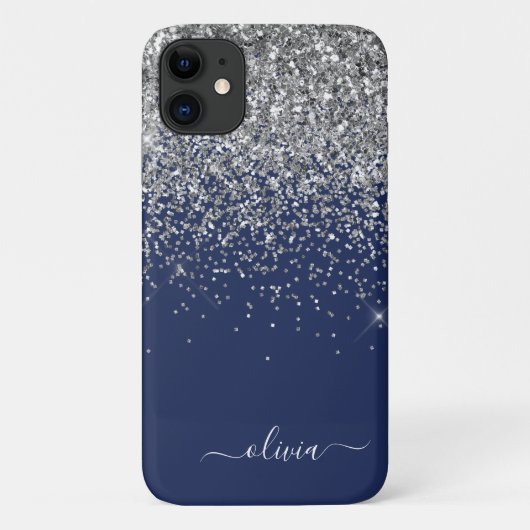 Zilveren Navy Blauwe Glitter Meisjesachtige Monogr Case-Mate iPhone Case (Achterkant)