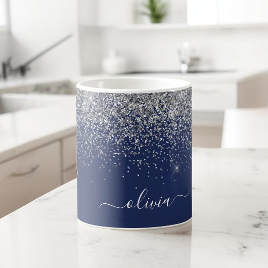 Zilveren Navy Blauwe Glitter Meisjesachtige Monogr Koffiemok