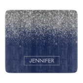 Zilveren Navy Blauwe Glitter Meisjesachtige Monogr Snijplank (Voorkant)