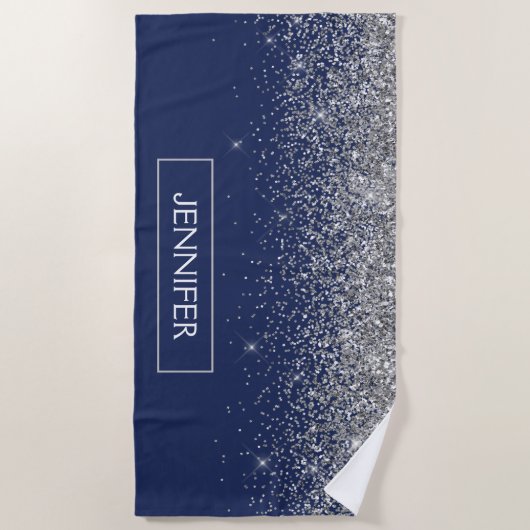 Zilveren Navy Blauwe Glitter Meisjesachtige Monogr Strandlaken (Voorkant)