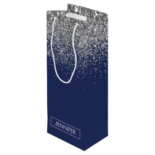 Zilveren Navy Blauwe Glitter Meisjesachtige Monogr Wijn Cadeautas (Achterkant Gekanteld)