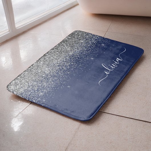 Zilveren Navy Blauwe Glitter Meisjesnaam Monogram Badmat