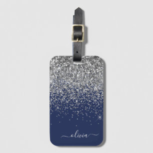 Zilveren Navy Blauwe Glitter Meisjesnaam Monogram Bagagelabel