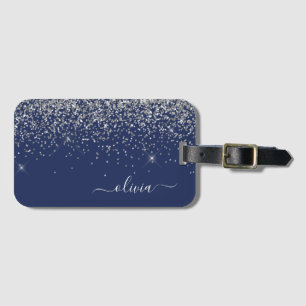 Zilveren Navy Blauwe Glitter Meisjesnaam Monogram Bagagelabel