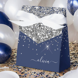 Zilveren Navy Blauwe Glitter Meisjesnaam Monogram Bedankdoosjes