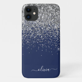 Zilveren Navy Blauwe Glitter Meisjesnaam Monogram Case-Mate iPhone Case