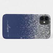 Zilveren Navy Blauwe Glitter Meisjesnaam Monogram Case-Mate iPhone Case (Achterkant (horizontaal))