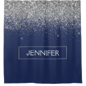 Zilveren Navy Blauwe Glitter Meisjesnaam Monogram Douchegordijn (Voorkant)