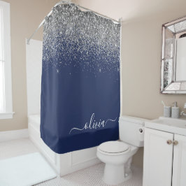 Zilveren Navy Blauwe Glitter Meisjesnaam Monogram Douchegordijn
