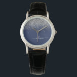 Zilveren Navy Blauwe Glitter Meisjesnaam Monogram Horloge<br><div class="desc">Navy Blauwe en Zilveren Glitter Schrift Monogram Naam Horloge. Dit is het perfecte afstudeercadeau,  verjaardagscadeau,  trouwcadeau,  bruidscadeau,  jubileumcadeau,  babyshowercadeau of vrijgezellenfeest cadeau voor iemand die van glamour luxe en chic stijlen houdt.</div>