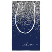 Zilveren Navy Blauwe Glitter Meisjesnaam Monogram Klein Cadeauzakje (Voorkant)