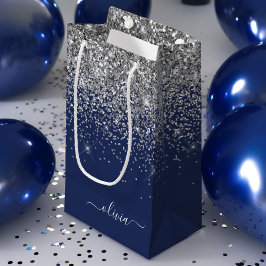 Zilveren Navy Blauwe Glitter Meisjesnaam Monogram Klein Cadeauzakje