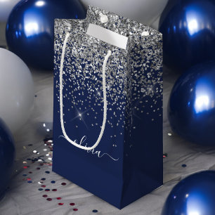 Zilveren Navy Blauwe Glitter Meisjesnaam Monogram Klein Cadeauzakje