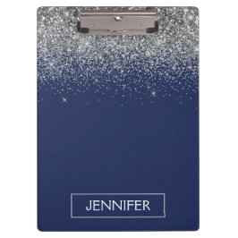 Zilveren Navy Blauwe Glitter Meisjesnaam Monogram Klembord