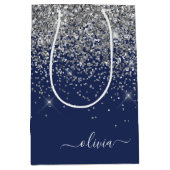 Zilveren Navy Blauwe Glitter Meisjesnaam Monogram Medium Cadeauzakje (Voorkant)