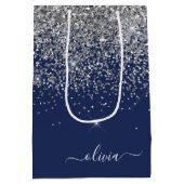 Zilveren Navy Blauwe Glitter Meisjesnaam Monogram Medium Cadeauzakje (Achterkant)