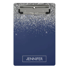Zilveren Navy Blauwe Glitter Meisjesnaam Monogram Mini Klembord