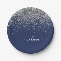 Zilveren Navy Blauwe Glitter Meisjesnaam Monogram