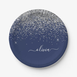 Zilveren Navy Blauwe Glitter Meisjesnaam Monogram Papieren Bordje