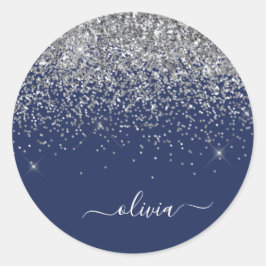 Zilveren Navy Blauwe Glitter Meisjesnaam Monogram Ronde Sticker