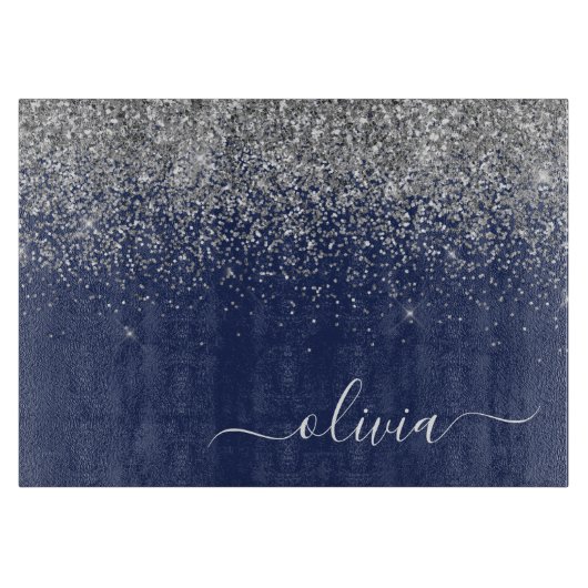 Zilveren Navy Blauwe Glitter Meisjesnaam Monogram Snijplank (Voorkant)