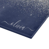 Zilveren Navy Blauwe Glitter Meisjesnaam Monogram Snijplank (Hoek)