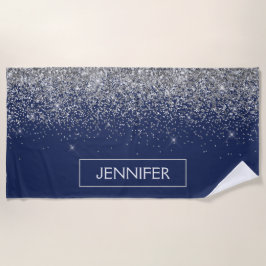 Zilveren Navy Blauwe Glitter Meisjesnaam Monogram Strandlaken