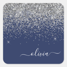 Zilveren Navy Blauwe Glitter Meisjesnaam Monogram Vierkante Sticker