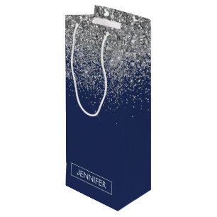 Zilveren Navy Blauwe Glitter Meisjesnaam Monogram Wijn Cadeautas