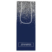 Zilveren Navy Blauwe Glitter Meisjesnaam Monogram Wijn Cadeautas (Voorkant)