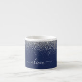 Zilveren Navy Blauwe Glitter Metaal Monogram Naam Espresso Kop (Voorkant)