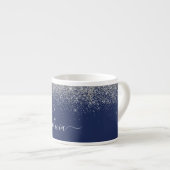 Zilveren Navy Blauwe Glitter Metaal Monogram Naam Espresso Kop (Voorkant rechts)