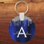 Zilveren Navy Blauwe Glitter Roestvrij Staal Monog Sleutelhanger (Voorkant)